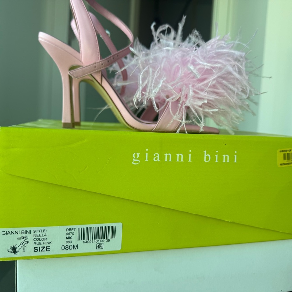 Gianni Bini Pink Marabou Feather Heels Size 8 Square Toe Leather Y2K 2000s - Picture 4 of 5